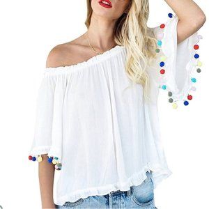 Kim and Cami Off the Shoulder Black with Tassels Boho Short Sleeve Top 3X